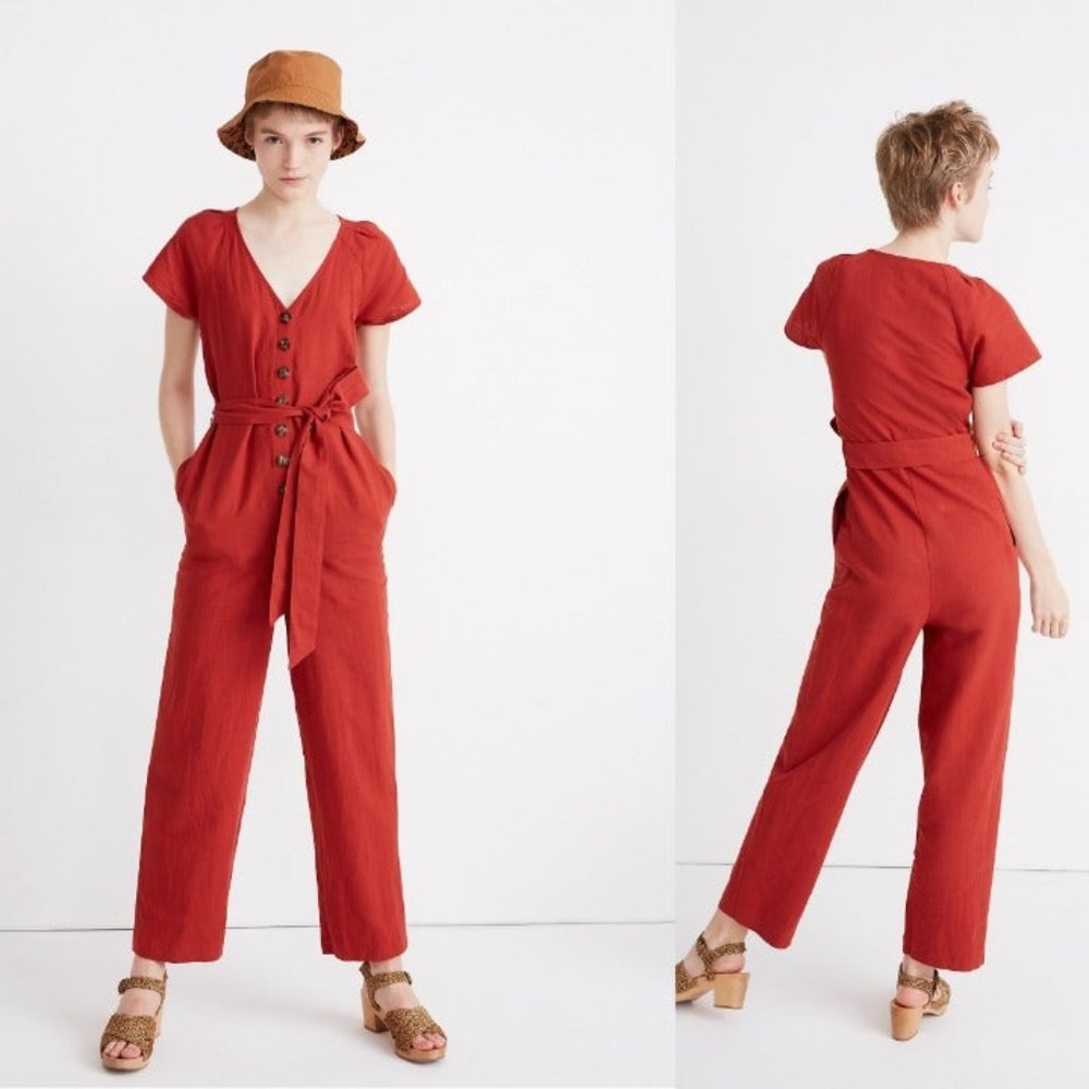 Madewell Linen-Cotton Pleat-Sleeve Jumpsuit 10 L Rust Pockets